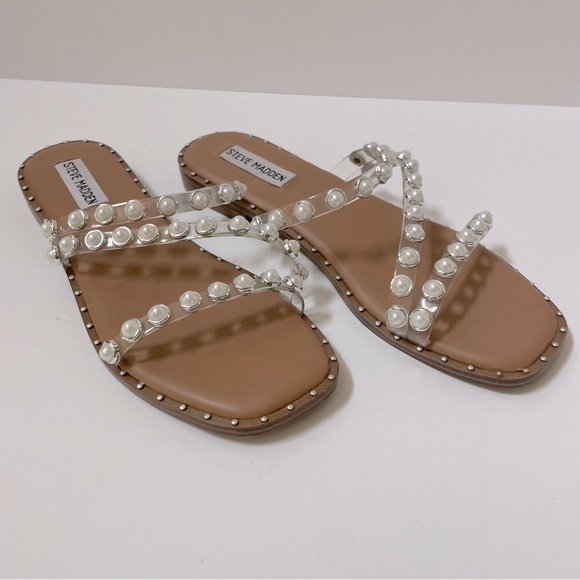 Steve Madden Skyler Studded Pearl Embellished Square Toe Flat Sandals Size 7.5 - Picture 8 of 13